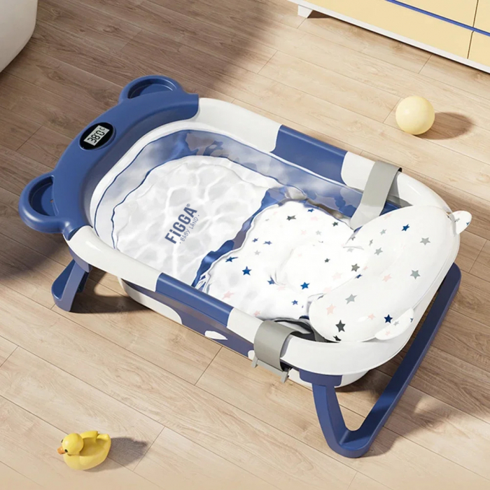 Cadita bebe cu suport FiGGA®, 0-48 luni, portabila, extra pliabila, termometru, picioare antiderapante, suport cap de dus, Albastru [10]