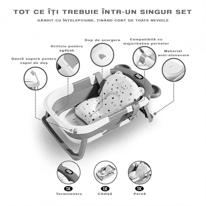 Cadita bebe cu suport FiGGA®, 0-48 luni, portabila, extra pliabila, termometru, picioare antiderapante, suport cap de dus, Gri [3]