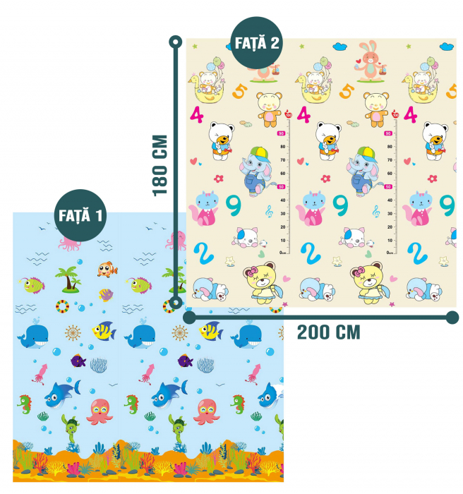 Covor de joaca FiGGA® pentru copii 200 x 180 cm, Spuma protectie, Termoizolant, Pliabil, 2 fete, Covoras bebe interactiv si educativ pentru activitati de joaca a bebelusului, Print 07 [2]