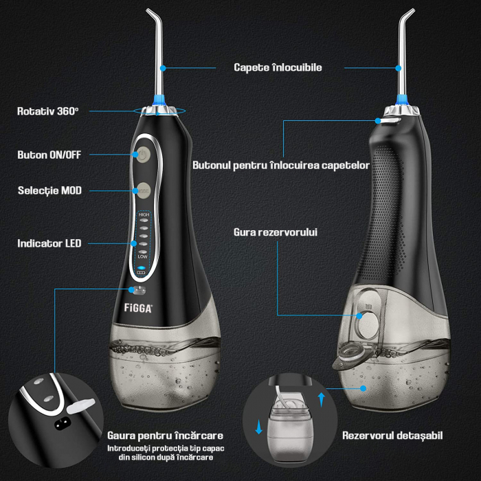 Dus bucal FiGGA® Oral-F101, Irigator portabil profesional, 8 Capete, Baterie 2500 mAh, 5 Viteze, 300 ml Rezervor, IPX7 Waterproof, Protectie supraincalzire, Gentuta depozitare, Negru [3]