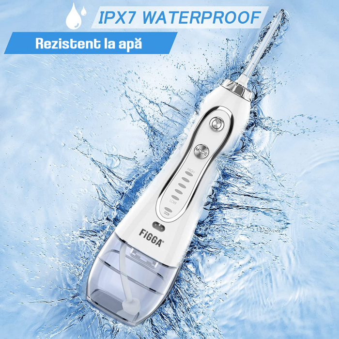 Dus bucal FiGGA® Oral-F101, Irigator portabil profesional, 8 Capete, Baterie 2500 mAh, 5 Viteze, 300 ml Rezervor, IPX7 Waterproof, Protectie supraincalzire, Gentuta depozitare, Alb [6]