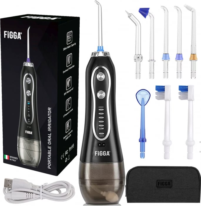 Dus bucal FiGGA Oral-F101, Irigator portabil profesional, 8 Capete, Baterie 2500 mAh, 5 Viteze, 300 ml Rezervor, IPX7 Waterproof, Protectie supraincalzire, Gentuta depozitare, Negru