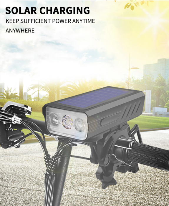 Lanterna bicicleta FiGGA® cu incarcare solara si cablu tip C, sirena, indicator baterie, lumini de atentionare, acumulator reincarcabil 2000 mAh, structura aliaj aluminiu, Negru [2]