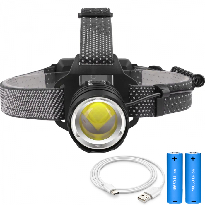 Lanterna puternica de cap FiGGA LED XHP-160.2, 48000 lumeni, 1600 metri distanta, 5000K, 2 baterii reincarcabile de 18650 Li 3500 mAh, Profesionala, Frontala, Cablu de incarcare