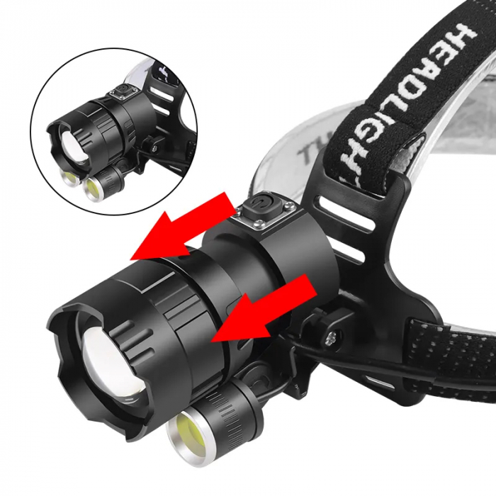 Lanterna puternica de cap FiGGA® LED XHP-160, 48000 lumeni, 1600 metri distanta, 5000K, 3 baterii reincarcabile de 18650 Li/3500 mAh, Profesionala, Frontala, Cablu de incarcare [5]
