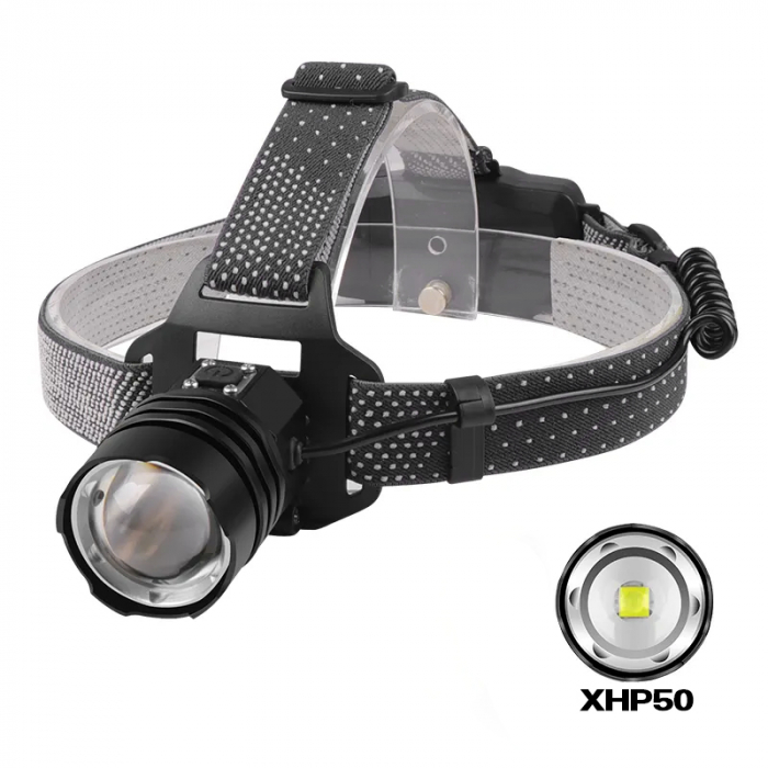 Lanterna puternica de cap FiGGA® LED XHP-50, 15000 lumeni, 500 metri distanta, 5000K, 2 baterii reincarcabile de 18650 Li/3500 mAh, Profesionala, Frontala, Cablu de incarcare [3]