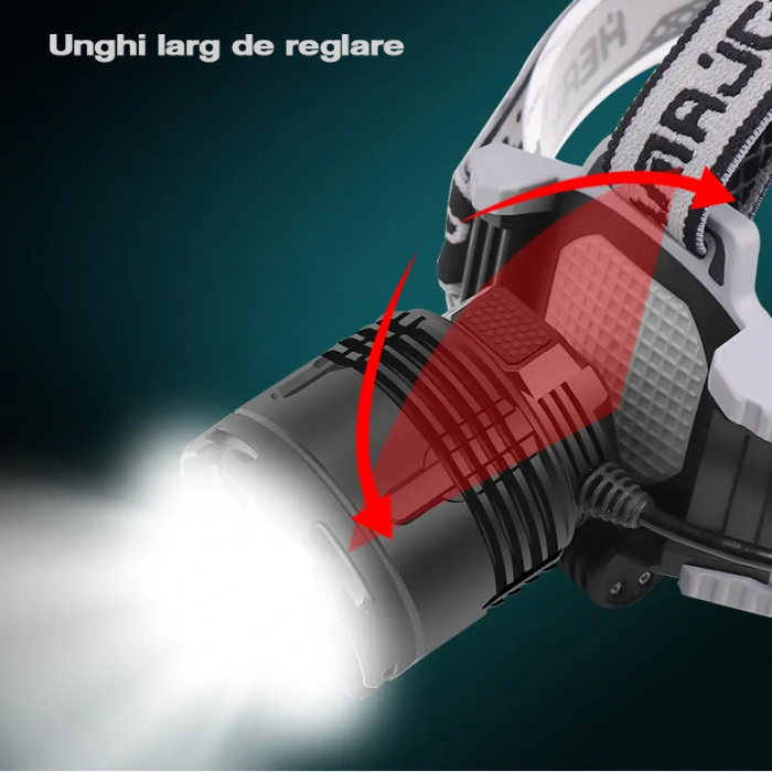 Lanterna puternica de cap FiGGA® LED XHP-70, 21000 lumeni, 700 metri distanta, 5000K, 2 baterii reincarcabile de 18650 Li/3500 mAh, Profesionala, Frontala, Cablu de incarcare [4]