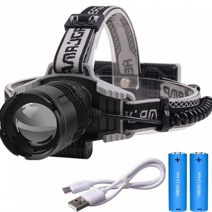 Lanterna puternica de cap FiGGA LED XHP-70, 21000 lumeni, 700 metri distanta, 5000K, 2 baterii reincarcabile de 18650 Li 3500 mAh, Profesionala, Frontala, Cablu de incarcare