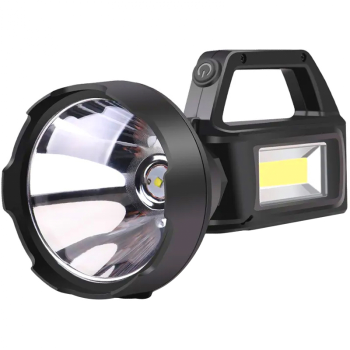 Lanterna puternica multifunctionala FiGGA , LED XHP-50 + COB, 15000 lumeni, 3 acumulatori x 18650 Li cu durata indelungata, Reincarcabila, Cablu de incarcare