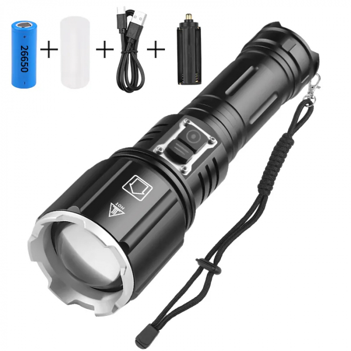 Lanterna puternica profesionala FiGGA®, LED XHP-160, 48000 lumeni, acumulator 26650 Li,  Cablu de incarcare [2]