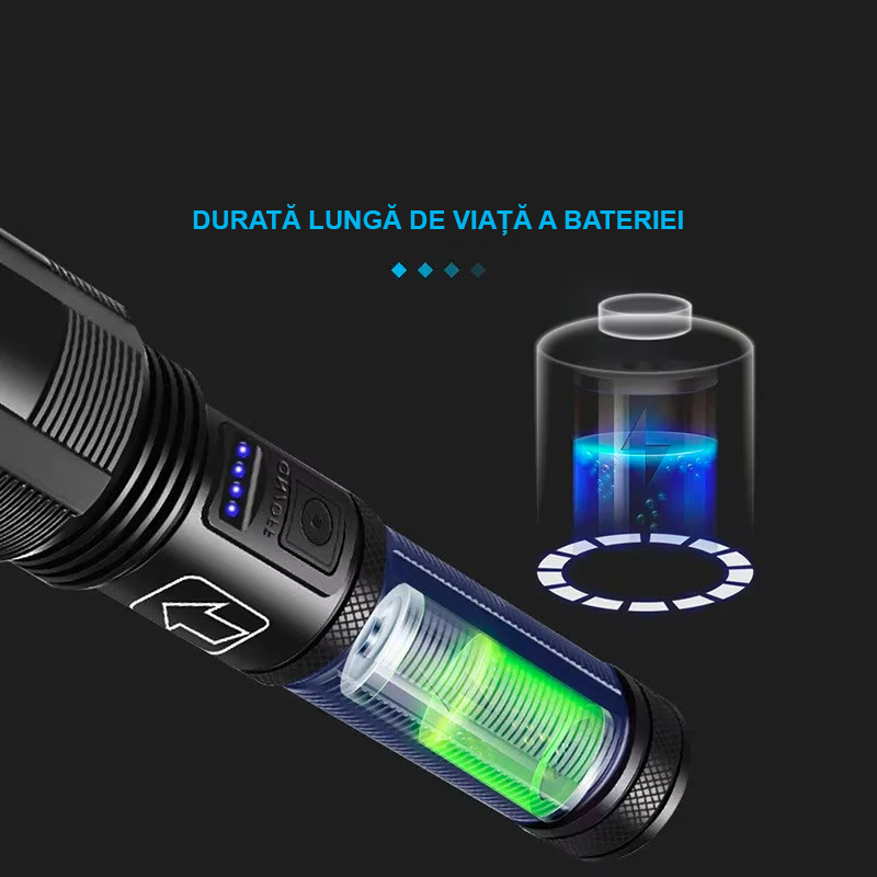 Lanterna puternica profesionala FiGGA®, LED XHP-50, 15000 lumeni, acumulator 18650 Li, structura aliaj aluminiu, Cablu de incarcare [5]