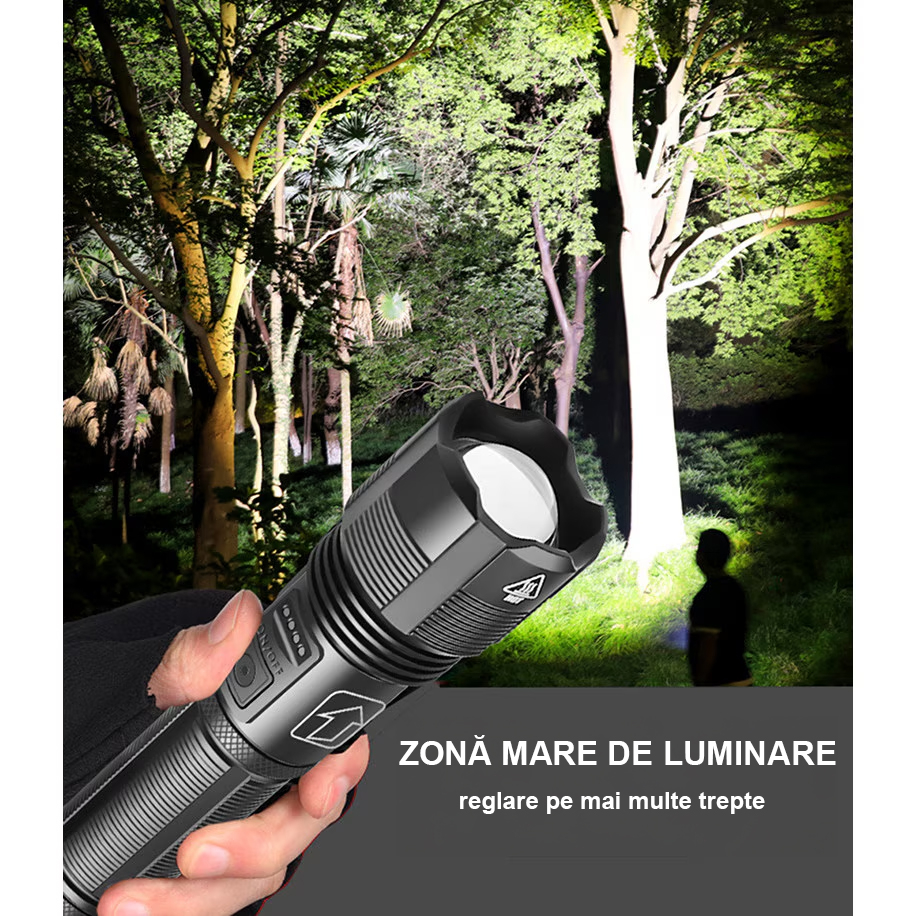 Lanterna puternica profesionala FiGGA®, LED XHP-50, 15000 lumeni, acumulator 18650 Li, structura aliaj aluminiu, Cablu de incarcare [13]