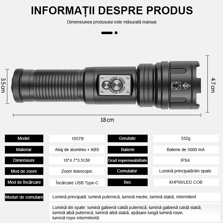 Lanterna puternica profesionala FiGGA®, LED XHP-99 + COB, 30000 lumeni, acumulator 26650 Li, structura aliaj aluminiu, Cablu de incarcare [4]