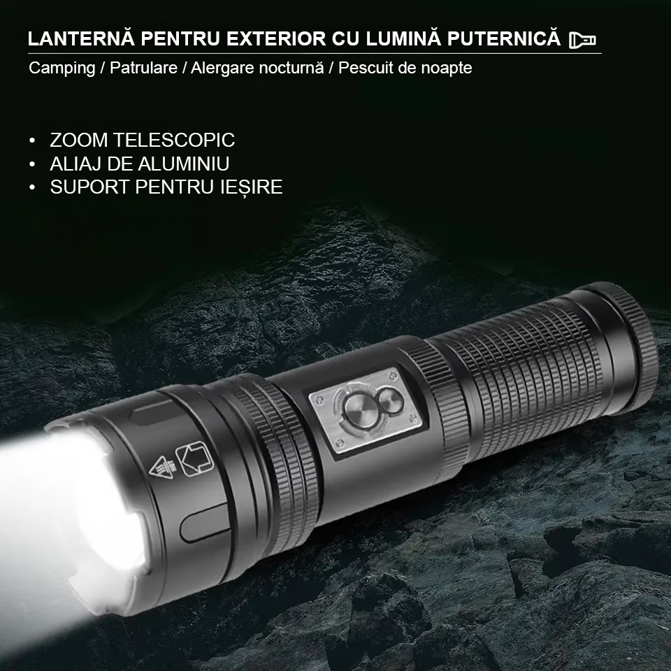 Lanterna puternica profesionala FiGGA®, LED XHP-99 + COB, 30000 lumeni, acumulator 26650 Li, structura aliaj aluminiu, Cablu de incarcare [9]