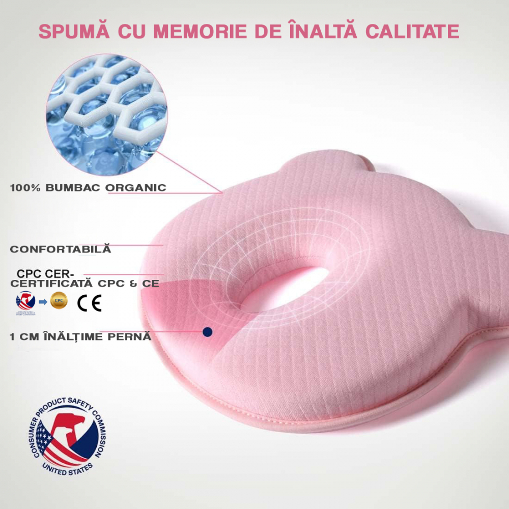 Perna bebelusi FiGGA® pentru formarea capului, Anti Plagiocefalie, Spuma cu memorie, Husa de protectie, Roz [2]