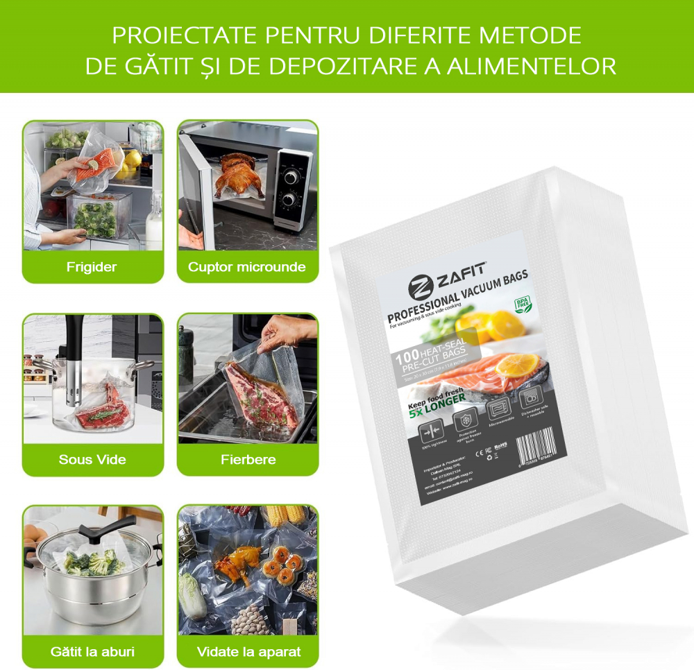 Pungi vidat gofrate ZAFIT™, pentru aparat de vidat alimente, 100 bucati, 20 x 30 cm, reutilizabile, rezistente, sous vide, lavabile in masina de spalat, fara BPA, transparent [3]