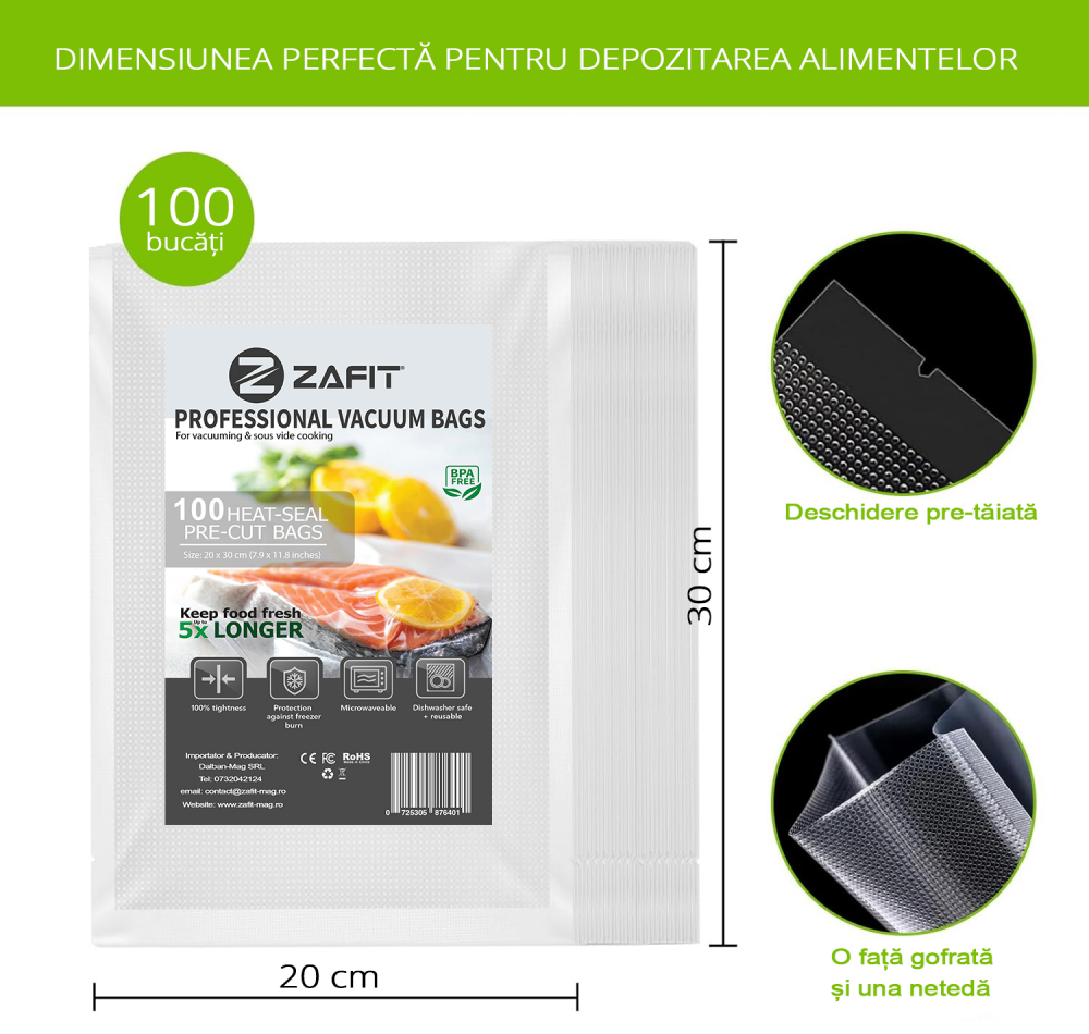 Pungi vidat gofrate ZAFIT™, pentru aparat de vidat alimente, 100 bucati, 20 x 30 cm, reutilizabile, rezistente, sous vide, lavabile in masina de spalat, fara BPA, transparent [2]