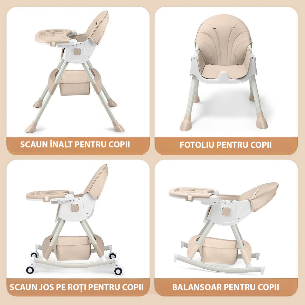 Scaun de masa bebe 4 in 1 FiGGA®, Varsta 6-72 luni, Scaun inalt pliabil, cu 4 roti, Balansoar, 2 x Tava detasabila, Centura de siguranta in cinci puncte, Crem [4]