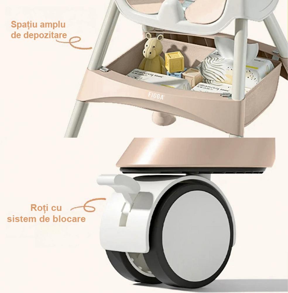 Scaun de masa bebe 4 in 1 FiGGA®, Varsta 6-72 luni, Scaun inalt pliabil, cu 4 roti, Balansoar, 2 x Tava detasabila, Centura de siguranta in cinci puncte, Crem [6]