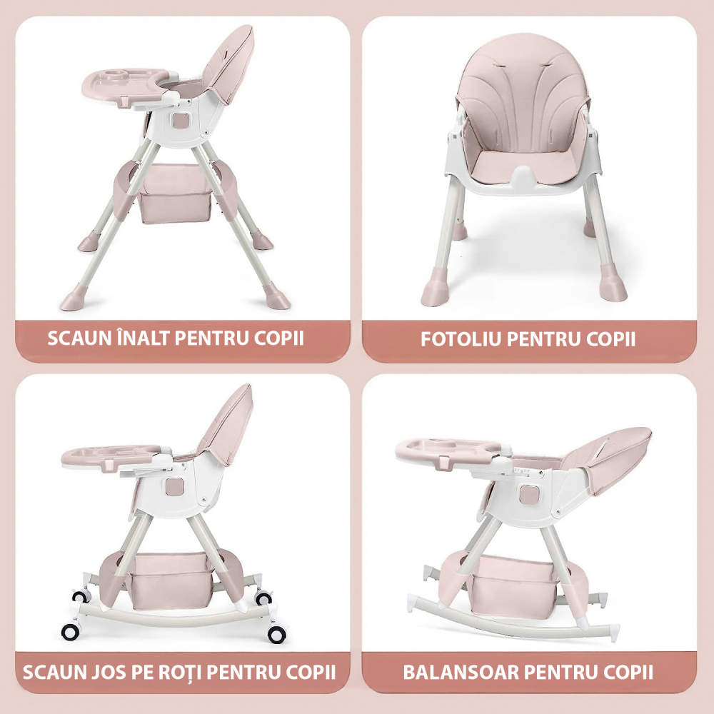 Scaun de masa bebe 4 in 1 FiGGA®, Varsta 6-72 luni, Scaun inalt pliabil, cu 4 roti, Balansoar, 2 x Tava detasabila, Centura de siguranta in cinci puncte, Roz [4]