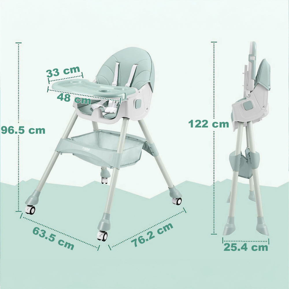 Scaun de masa bebe 4 in 1 FiGGA®, Varsta 6-72 luni, Scaun inalt pliabil, cu 4 roti, Balansoar, 2 x Tava detasabila, Centura de siguranta in cinci puncte, Verde [10]