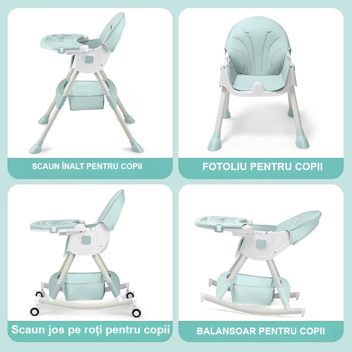 Scaun de masa bebe 4 in 1 FiGGA®, Varsta 6-72 luni, Scaun inalt pliabil, cu 4 roti, Balansoar, 2 x Tava detasabila, Centura de siguranta in cinci puncte, Verde [4]