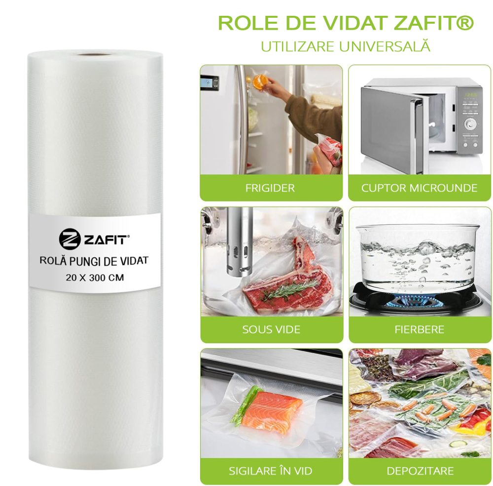 Set 4 role pungi de vidat gofrate ZAFIT™, 20 x 300 cm, pentru aparat de vidat alimente, reutilizabile, rezistente, sous vide, lavabile in masina de spalat, fara BPA, transparent [3]