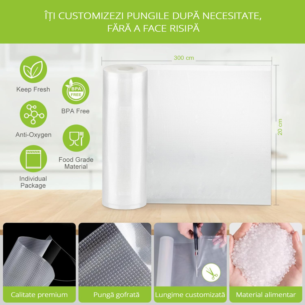 Set 6 role pungi de vidat gofrate ZAFIT™, 20 x 300 cm, pentru aparat de vidat alimente, reutilizabile, rezistente, sous vide, lavabile in masina de spalat, fara BPA, transparent [2]