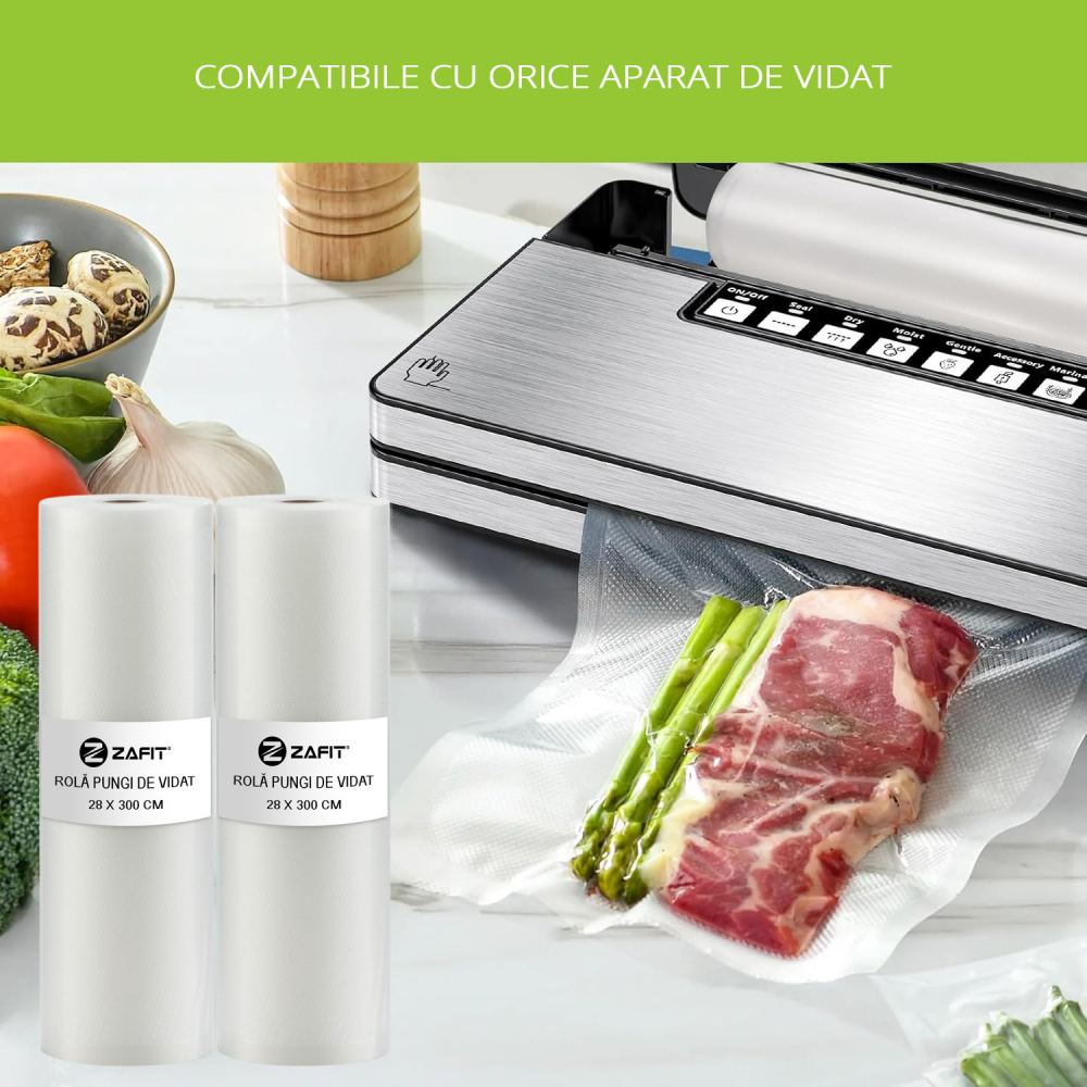 Set 8 role pungi de vidat gofrate ZAFIT™, 28 x 300 cm, pentru aparat de vidat alimente, reutilizabile, rezistente, sous vide, lavabile in masina de spalat, fara BPA, transparent [5]