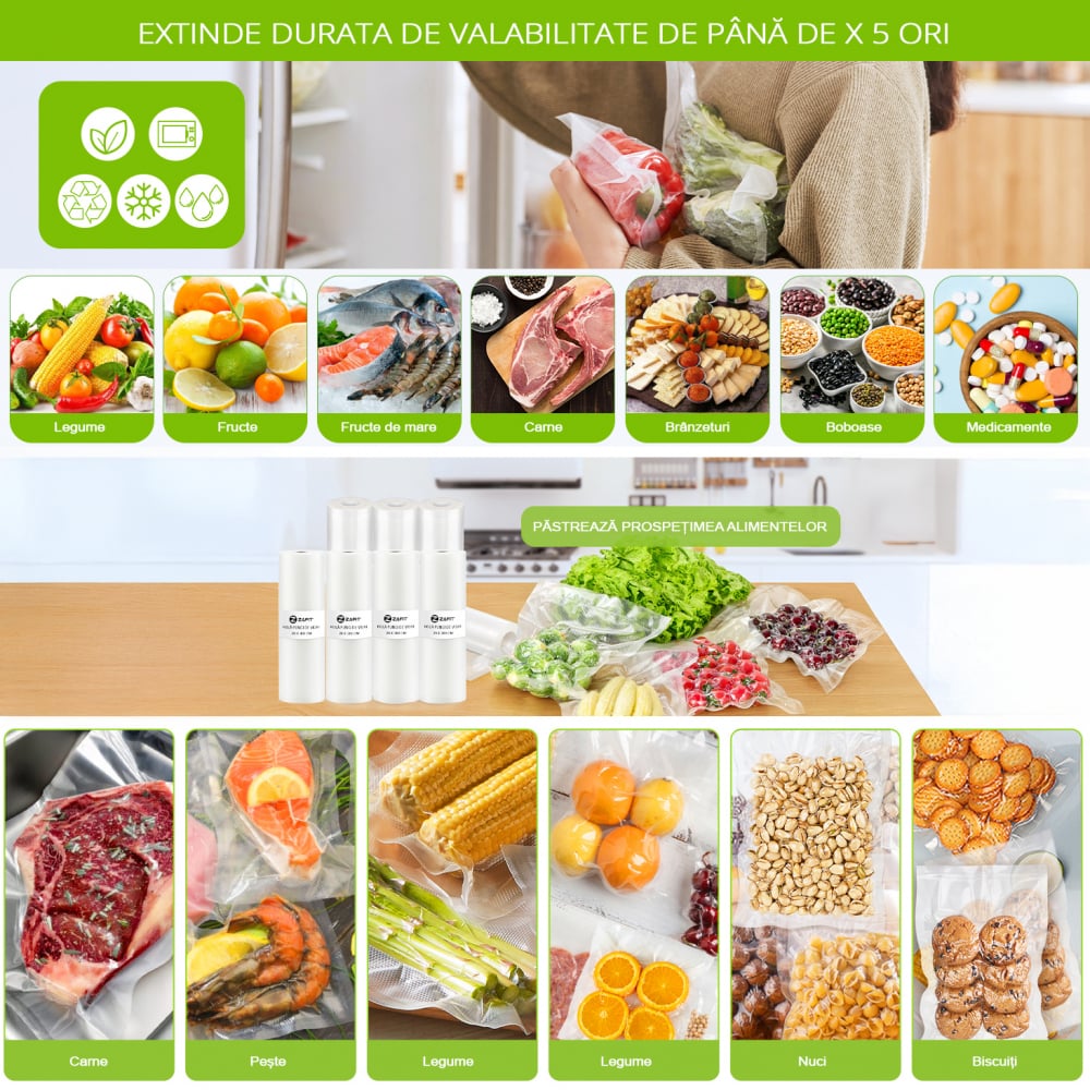 Set 8 role pungi de vidat gofrate ZAFIT™, 28 x 300 cm, pentru aparat de vidat alimente, reutilizabile, rezistente, sous vide, lavabile in masina de spalat, fara BPA, transparent [7]