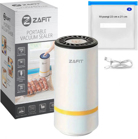 Aparat de vidat alimente ZAFIT™ PMP-02, 10 pungi de vidat incluse, Portabil, Tip pompa, Reincarcabil, Acumulator 400 mAh, Putere 3 W, Debit 2.5l/min, cablu incarcare inclus