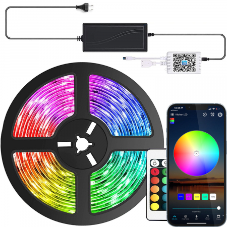 Benzi Led - Banda LED RGB ZAFIT™ 5 metri, Exterior/Interior IP65, Adeziva, Wi-Fi, aplicatie telefon, telecomanda, mod muzica, timer, microfon, intensitate lumina reglabila