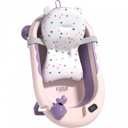 Cadite bebe - Cadita bebe cu suport FiGGA®, 0-48 luni, pliabila, termometru, picioare antiderapante, cana pentru clatire tip jucarie, suport cap de dus, suport pentru sapun, Roz