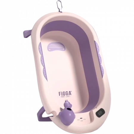 Cadite bebe - Cadita bebe FiGGA®, 0-48 luni, pliabila, termometru, picioare antiderapante, cana pentru clatire tip jucarie, suport cap de dus, suport pentru sapun, Roz