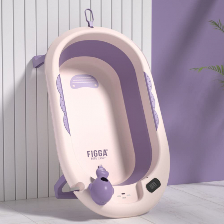 Cadita bebe FiGGA®, 0-48 luni, pliabila, termometru, picioare antiderapante, cana pentru clatire tip jucarie, suport cap de dus, suport pentru sapun, Roz [1]