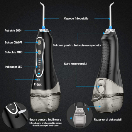 Dus bucal FiGGA® Oral-F101, Irigator portabil profesional, 8 Capete, Baterie 2500 mAh, 5 Viteze, 300 ml Rezervor, IPX7 Waterproof, Protectie supraincalzire, Gentuta depozitare, Negru [2]