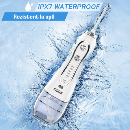 Dus bucal FiGGA® Oral-F101, Irigator portabil profesional, 8 Capete, Baterie 2500 mAh, 5 Viteze, 300 ml Rezervor, IPX7 Waterproof, Protectie supraincalzire, Gentuta depozitare, Alb [5]