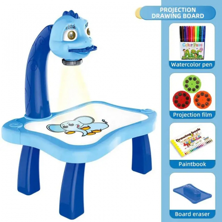 Jucarie educationala tip tabla FiGGA® cu masuta de desenat cu proiector, hologram, 3 discuri cu 24 sabloane, 12 carioci, model Girafa, Albastru [3]