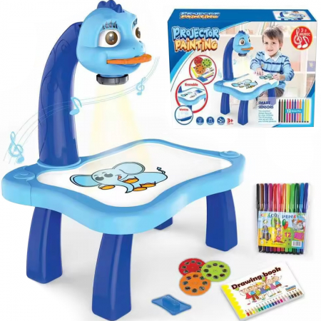 Jucarii copii - Jucarie educationala tip tabla FiGGA® cu masuta de desenat cu proiector, hologram, 3 discuri cu 24 sabloane, 12 carioci, model Girafa, Albastru