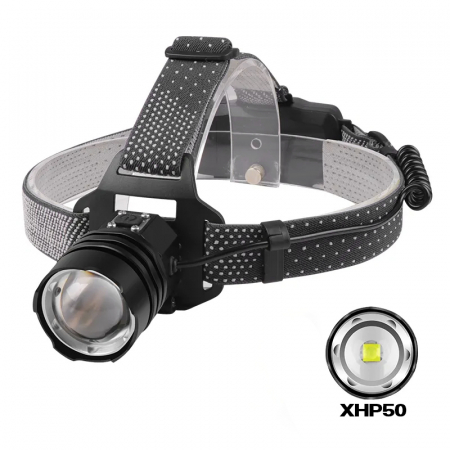 Lanterna puternica de cap FiGGA® LED XHP-50, 15000 lumeni, 500 metri distanta, 5000K, 2 baterii reincarcabile de 18650 Li/3500 mAh, Profesionala, Frontala, Cablu de incarcare [2]