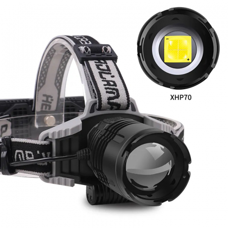 Lanterna puternica de cap FiGGA® LED XHP-70, 21000 lumeni, 700 metri distanta, 5000K, 2 baterii reincarcabile de 18650 Li/3500 mAh, Profesionala, Frontala, Cablu de incarcare [2]