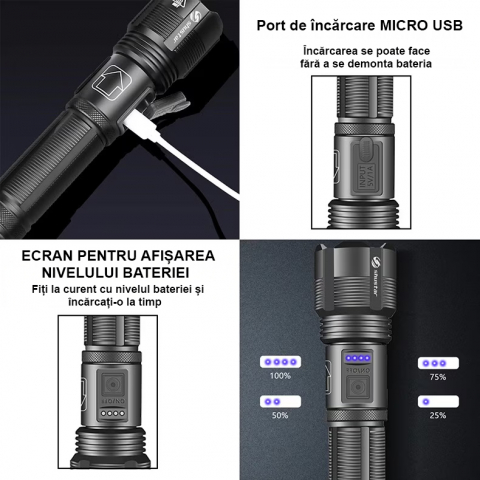 Lanterna puternica profesionala FiGGA®, LED XHP-50, 15000 lumeni, acumulator 18650 Li, structura aliaj aluminiu, Cablu de incarcare [3]