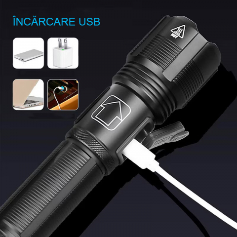 Lanterna puternica profesionala FiGGA®, LED XHP-50, 15000 lumeni, acumulator 18650 Li, structura aliaj aluminiu, Cablu de incarcare [5]