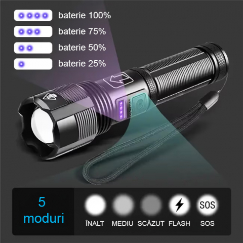 Lanterna puternica profesionala FiGGA®, LED XHP-50, 15000 lumeni, acumulator 18650 Li, structura aliaj aluminiu, Cablu de incarcare [6]
