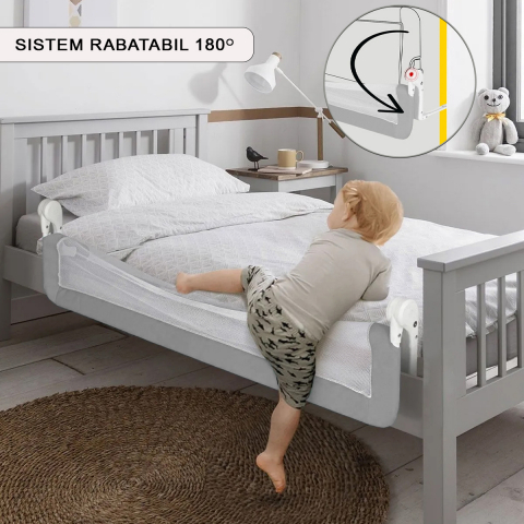 Protectie pat copii FiGGA®, bariera laterala margine pat 200 x 65 cm, rabatabila, Gri [2]