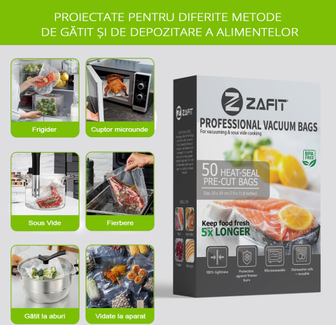 Pungi vidat gofrate ZAFIT™, pentru aparat de vidat alimente, 50 bucati, 20 x 30 cm, reutilizabile, rezistente, sous vide, lavabile in masina de spalat, fara BPA, transparent [2]