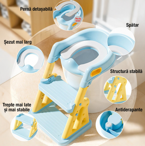 Reductor WC copii 2in1 ZAFIT® cu scara si inaltator, Pliabil, Portabil, colac suprafata de siguranta antialunecare, antiderapant, Albastru/Galben [3]