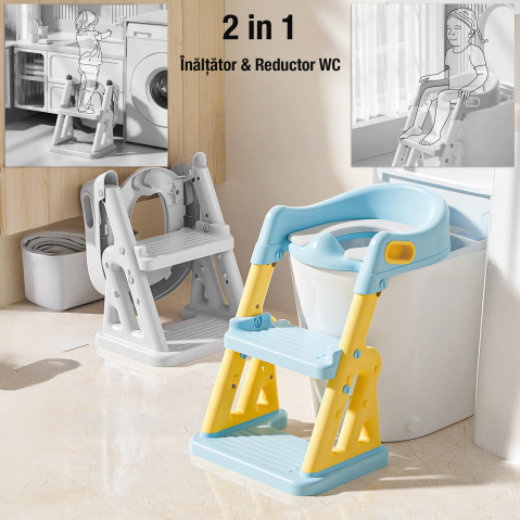 Reductor WC copii 2in1 ZAFIT® cu scara si inaltator, Pliabil, Portabil, colac suprafata de siguranta antialunecare, antiderapant, Albastru/Galben [1]
