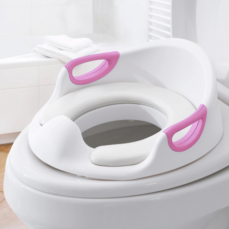Capace WC copii & Reductoare WC - Reductor WC copii ZAFIT®, cu manere si spatar, Portabil, Antiderapant, Alb/Roz