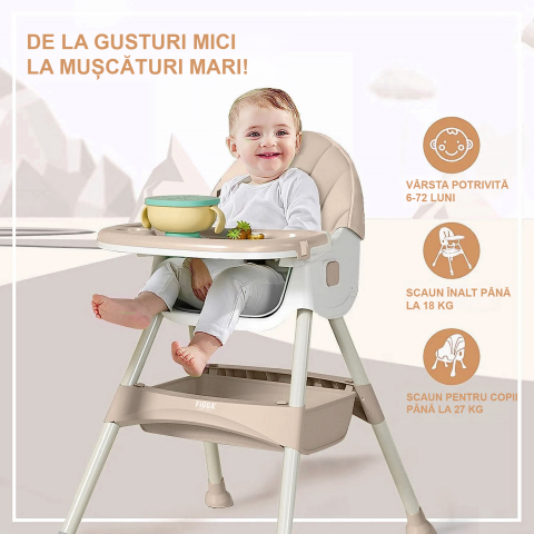 Scaun de masa bebe 4 in 1 FiGGA®, Varsta 6-72 luni, Scaun inalt pliabil, cu 4 roti, Balansoar, 2 x Tava detasabila, Centura de siguranta in cinci puncte, Crem [2]
